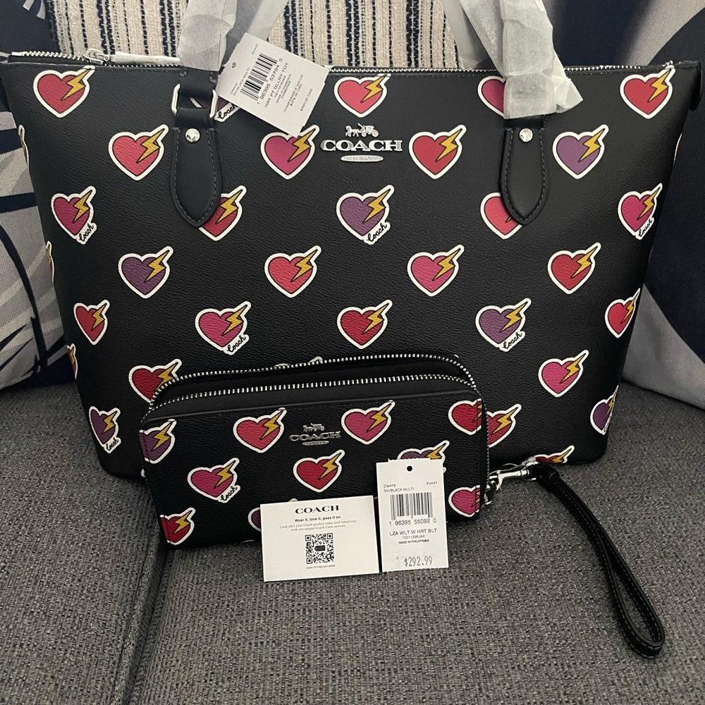 Coach Black Tote with Heart Print